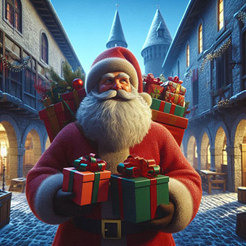 Weihnachtsmann mit Geschenke läuft durch mittelalterliche Stadt